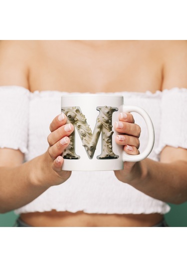 M Harfi Bardak, Monogram 330 Ml Barok Oymalı Görünüm Beyaz