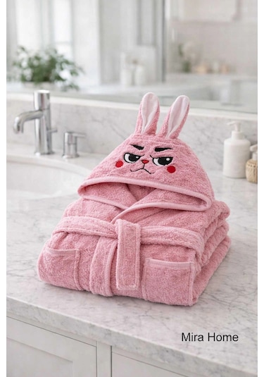 Pembe Tavşan Nakışlı Kulaklı Bebek Ve Çocuk Bornozu Diğer