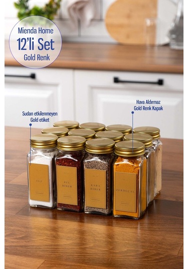 12'li Cam Gold Kapaklı Gold Etiketli 12-li Baharatlık Seti Takımı-mh00gld12 Gold - Şeffaf
