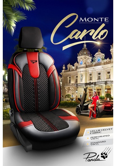 Siyah - Kırmızı Garni Panda Monte Carlo Serisi Velor Kadife Kumaş Oto Koltuk Kılıfı - Tam Set