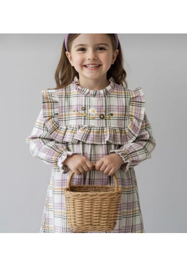 Ekose Çiçek Nakış Detaylı Kız Çocuk Elbise - Yeşil Yeşil