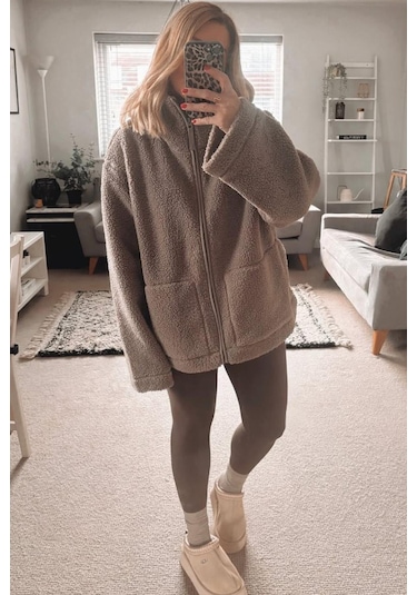 Sütlü Kahve Cepli Kadın Peluş Mont Mg2530 Sütlü Kahve