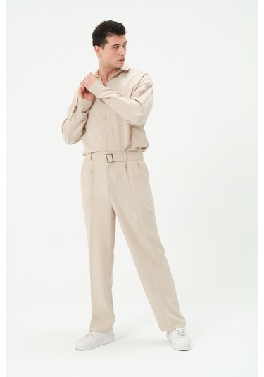 Erkek Yıkamalı Keten Bol Paça Pileli Yeni Sezon Pantolon Bej