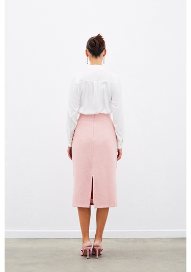 Sateen Midi Boy Tüvit Etek - Pudra-135029 Pudra