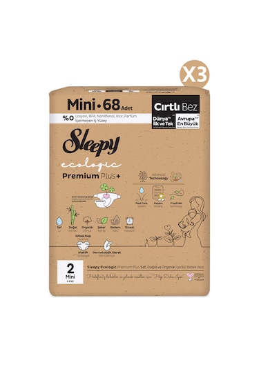 Sleepy Ecologic Premium Plus Avantajlı Paket Bebek Bezi 2 Numara Mini 204 Adet 3'lü