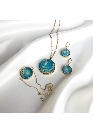 Ronik Altın Kaplama Çelik Kolye Küpe Bileklik Yüzük ve Saç Tokası 80923991 Altın