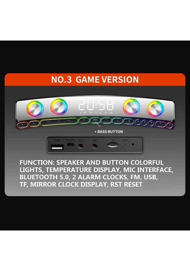 Gaming Kablosuz Bluetooth Speaker Hoparlör Renkli Rgb Işıkları, 12w Güçlü Sesi Dijital Saat Ve Alarm