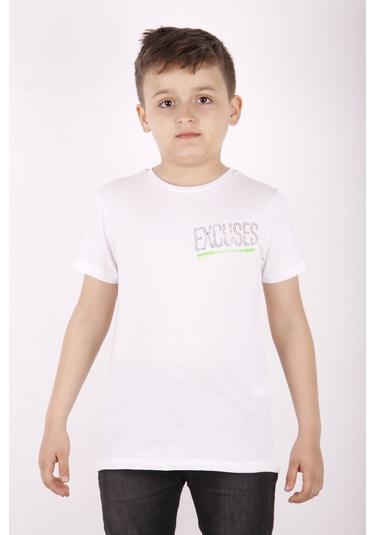 Toontoy Erkek Çocuk Excuses Baskılı Cepli Tişört Beyaz