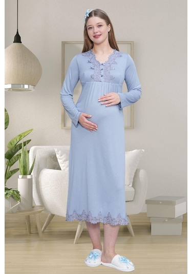 Mecit 1518 Mavi Sabahlıklı Lohusa Gecelik Takım