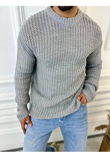 Kazak Oversize Çift Kat Zincir Örgü Naturel Pamuk Bol Kesim Tüylenmez Triko Kazak Gri