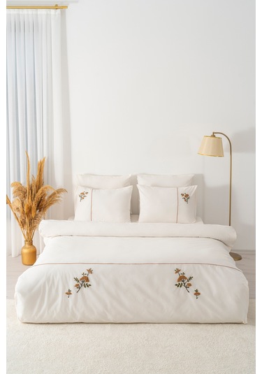 Donna Bej Nakışlı Çift Kişilik Pamuklu Nevresim Seti - 6 Parça Çeyiz Seti Bej