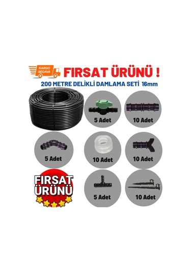 Delikli Damlama Sulama Hortumu Damlama Borusu Set 16Mm 200 Metre