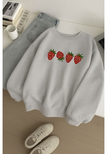 Benroma 3 İplik Penye Çilek Baskılı Unisex Sweatshırt Çok Renkli
