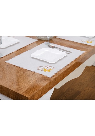 Finezza Dolce Nakışlı Keten Efekt Kumaş Krem Sarı A.Servis 33,5x45 cm 4 Ad-1395 Krem