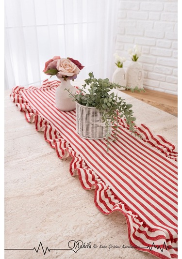 Kırmızı Çizgili 40x125 Şık Tasarım Ekstra Büyük Fırfırlı Runner, %100 Keten Runner Bej