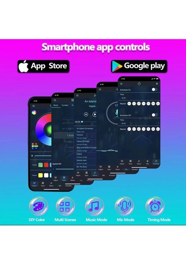 Gökkuşağı Işıkları Kumandalı Şerit Led Rgb Ritimli Akıllı Işıklar Çok Renkli