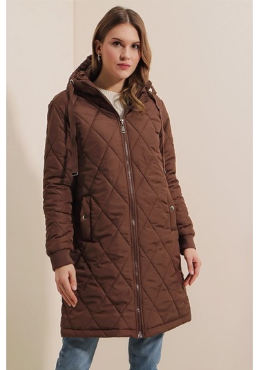 Munn Collection 5138 Kapitone Uzun Şişme Mont - Kahverengi Kahverengi