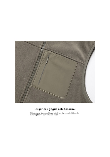 Kalınlaştırılmış Polar Dik Yaka Hırka Kolsuz Yelek Ceket Koyu Yeşil