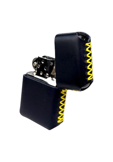 Handmade El Yapımı Hakiki Deri Zippo Modeli Çakmak Lacivert Sarı