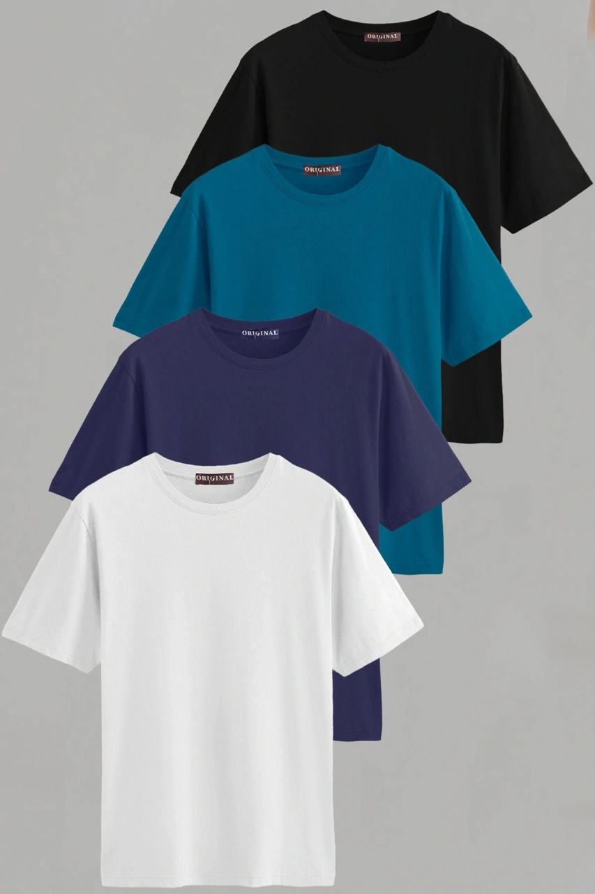 Erkek Beyaz-siyah-laci-petrol Mavi Slim Fit Bisiklet Yaka Pamuk Elastan 4'lü Basic Tişört Vk-erkektişört-düz-4lü