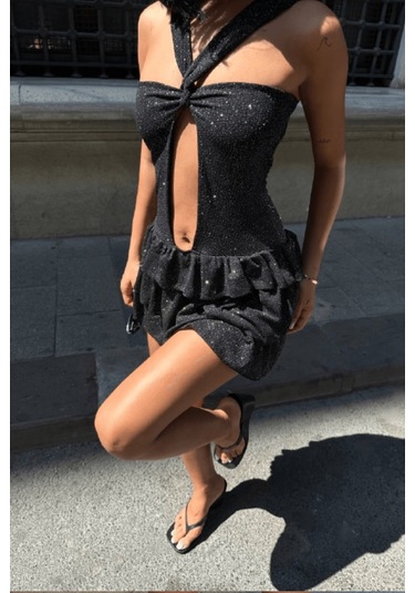 Simli Fukuro Kumaş Volanlı Astarlı Elbise S