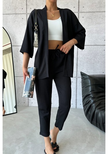 Modagen Kadın Siyah Kimono Alt Üst Havuç Pantolon Takım Siyah