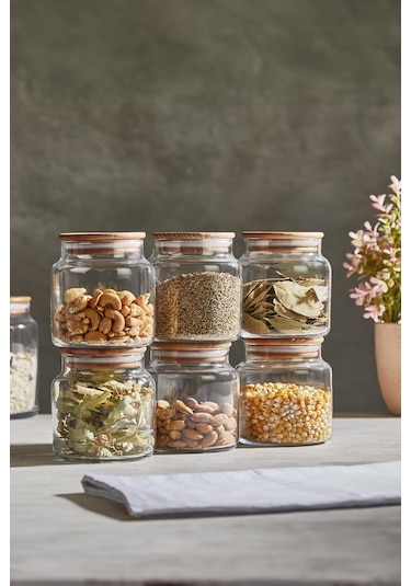 Selka Home 6'lı 635 Ml Sade Ahşap Kapaklı Cam Kavanoz