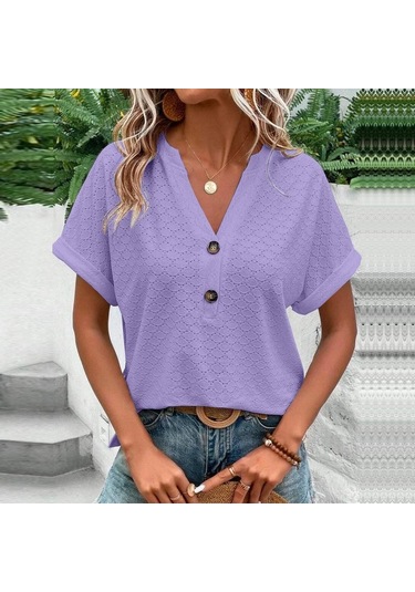 2023 İlkbahar Ve Yaz Yeni Kadın Moda Ve Rahat Düğme V Yaka T-shirt Kadınlar İçin Düz Renk Hollow Out T-shirt Mor