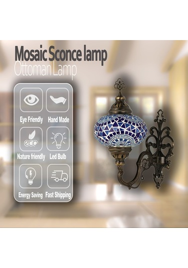 Cam Mozaik Aplik Dekoratif Duvar Lambası Tekli Mavi
