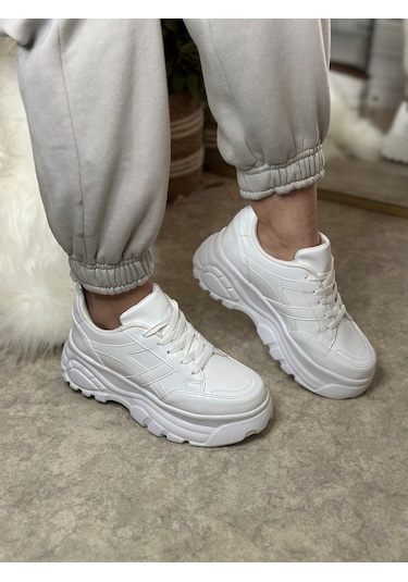 Günlük Kadın Sneaker Kalın Yüksek Taban Bağcıklı Rahat Tiger Şeritli Spor Ayakkabı 032 07 - Beyaz Rugan
