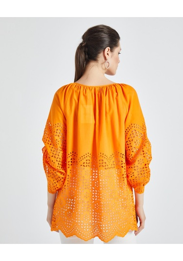 Kadın Pamuk Gömlek Ajurlu Detaylı, Rahat Kalıp Yazlık Tasarım Orange