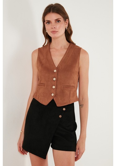 Lela Fitted Scuba Süet V Yaka Düğmeli Bayan Yelek 5865576 Kiremit