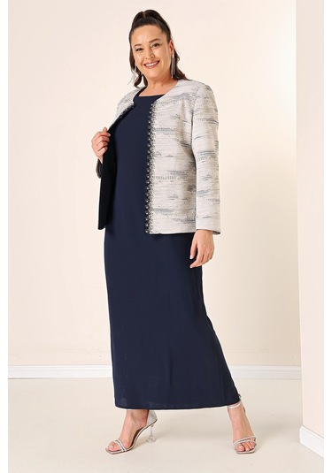 Kolsuz Uzun Elbise Taş Detaylı Jakarlı Büyük Beden Astarlı 2'li Takım-35344-lacivert Lacivert