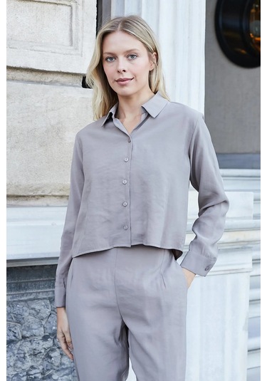 Kadın Likrasız Modal Kumaş Uzun Kol Hafif Kısa Gömlek-Duman Duman