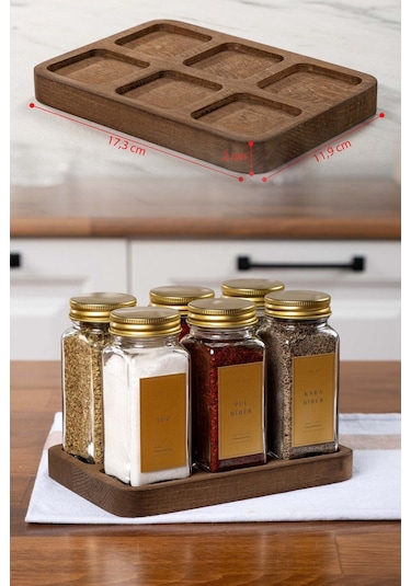 6'lı Kare Ahşap Standlı Baharatlık Gold Kapaklı-etiketli Cam Baharatlık Seti Mh01gld06k Gold - Şeffaf