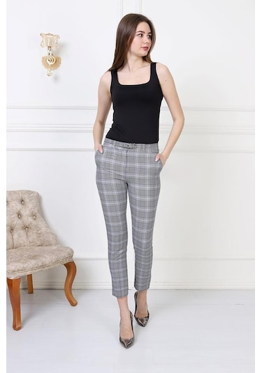 Bluence Beli Ince Kemerli Dar Paçalı Ekose Kumaş Pantolon Gri