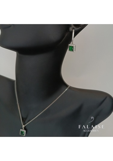 Zümrüt Kare Taşlı Kolye&küpe Set - Gümüş Gümüş