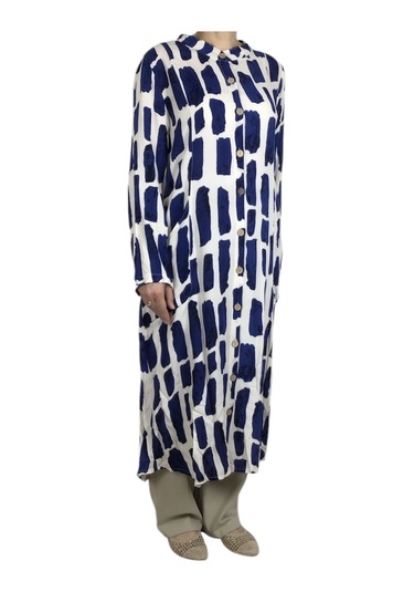 Kadın Önden Düğmeli Cepli Uzun Tunik Gömlek Lacivert