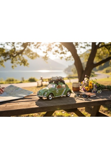 Klasik Işıklı Sesli Metal Araba - Yeşil Valizli Retro Beetle Çok Renkli