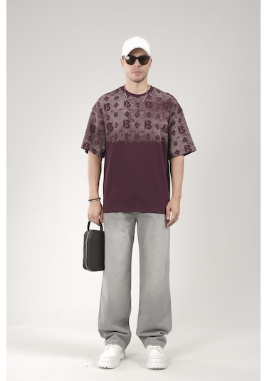 King-Brich Oversize Kalıp Logo Baskılı Bisiklet Yaka Basic Tişört Bordo