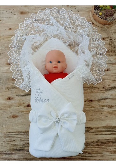 Dantelli Özel Taçlı Bebek Kundağı Unisex Bebek Dış Kundak Battaniyesi Hastane Çıkışı Hediyelik Knd45273 Ekru