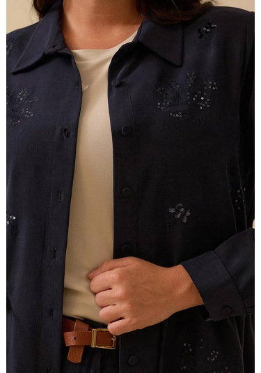 Galaxi Kadın Büyük Beden Pul İşlemeli Bağcıklı Kap 4002 Lacivert Lacivert