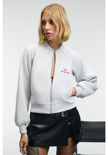 Grımelange Yasvell Kadın Metal Fermuarlı Çift Cepli Nakış Detaylı Balon Kollu Bomber Grimelanj Ceket Grimelanj