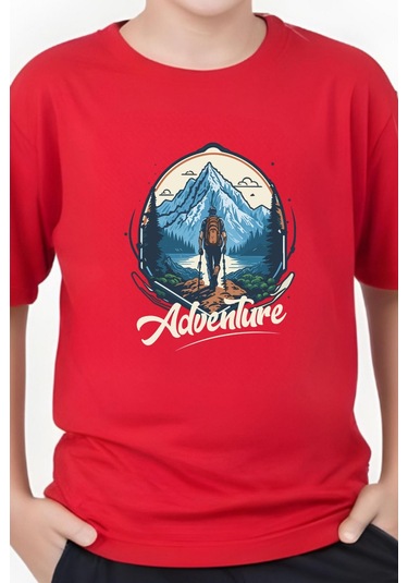 Adventure Baskılı Erkek Çocuk Yuvarlak Yaka Kısa Kollu T-shirt Kırmızı