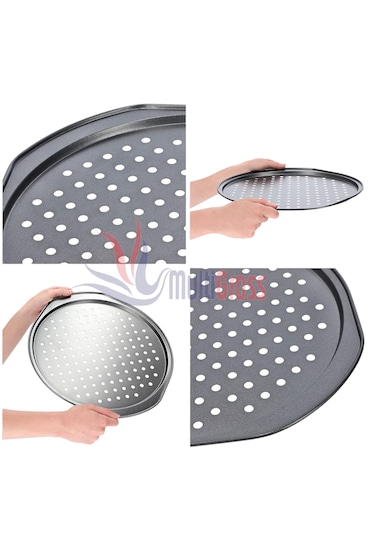 Kulplu Delikli Pizza Tepsisi Lahmacun Pide Tepsisi 31 Cm Gri