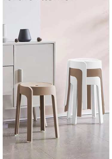 Kaymaz Ayaklı İçiçe Geçebilen Plastik Tabure 4 Adet Latte-beyaz