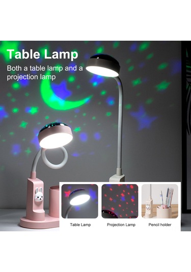 Hfambition Çalışma Masası İçin Renkli Projeksiyonlu Masa Lambası Ve Kalemlik Kombinasyonu - Pembe