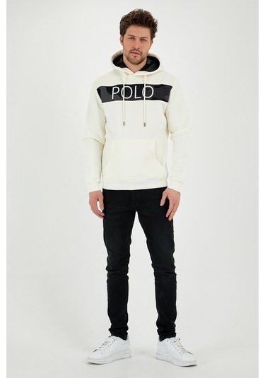 Erkek 3 İplik Pamuklu İçi Polarlı Regular Fit Nakışlı Kapüşonlu Kanguru Cepli Ekru Sweatshirt Ekru