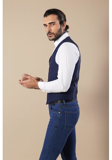 Wessi Saat Cepli Indigo Polyviskon Tek Yelek 001