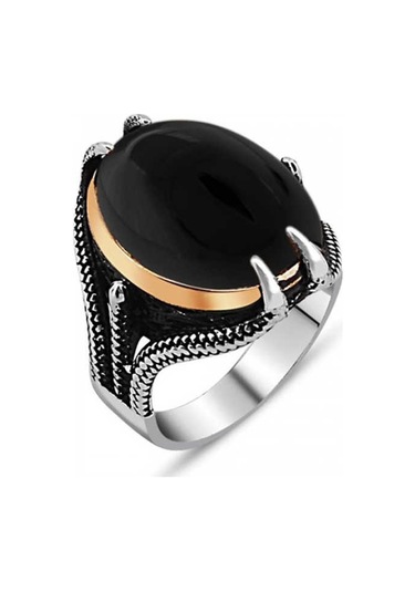 Gümüş Siyah Taşlı Kartal Pençesi Erkek Yüzük